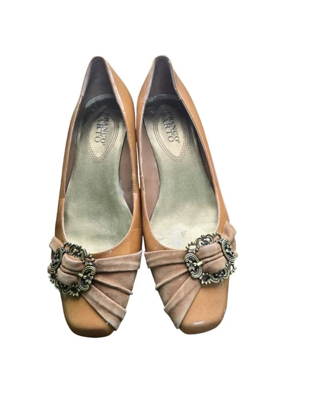 Franco Sarto Panache Tan Patent Leather Suede Ornate Buckle Kitten Heel Size 8.5